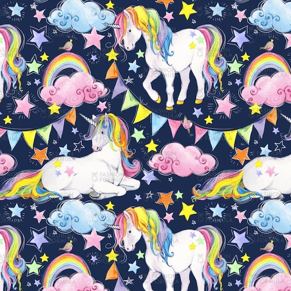 Cute Unicorn on Navy fabric by Faenkova - Cotton/ Polyester/ Jersey/ Canvas/ Digital Printed