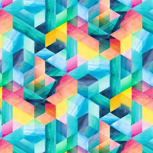 Op de afbeelding: Abstract geometrisch patroon met overlappende kubussen in tinten blauw, groen, geel, roze en oranje. De aquarel schildering creëert een levendig en kleurrijk ontwerp.