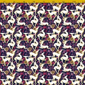 May include: A repeating pattern of white stylized deer silhouettes on a dark blue background. The deer are surrounded by pink and gold floral designs.
