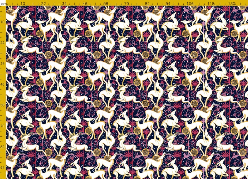 May include: A repeating pattern of white stylized deer silhouettes on a dark blue background. The deer are surrounded by pink and gold floral designs.