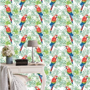 Macaw Parrots With Green Palm Leaves Wallpaper by OJardin