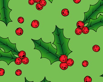 May include: A seamless pattern featuring red holly berries with smiling faces on a green background. The berries are arranged in clusters with green holly leaves.