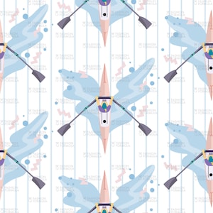 May include: A seamless pattern featuring a pink and white rowing boat with a person rowing on a blue and white striped background. The pattern includes blue and pink abstract shapes.