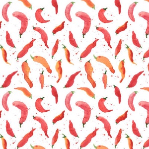 Watercolour hot red chillies fabric by Floating Lemons - Cotton/ Polyester/ Jersey/ Canvas/ Digital Printed