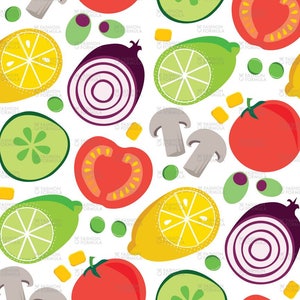 May include: A seamless pattern featuring various colourful vegetables and fruits, including red tomatoes, green cucumbers, yellow lemons, purple onions, and green peas. The pattern is perfect for kitchen decor or food-related projects.