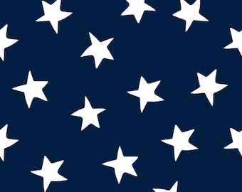 May include: A seamless pattern of white stars on a dark blue background. The stars are of various sizes and are arranged in a random pattern.