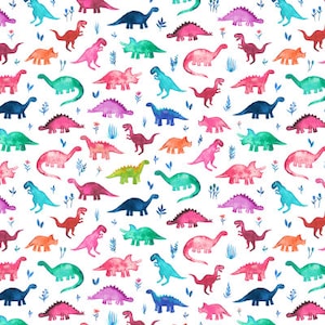 Pequeños dinos multicolores sobre tela blanca de Micklyn Le Feuvre - tela - algodón / poliéster / jersey / lienzo / impreso digital