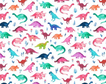 Little Multicoloured Dinos on White fabric by Micklyn Le Feuvre -  fabric - Cotton/ Polyester/ Jersey/ Canvas/ Digital Printed