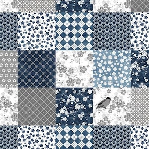 May include: A patchwork quilt design featuring a variety of blue and white patterns, including floral, geometric, and abstract designs. The quilt is made up of nine squares, each with a different pattern.