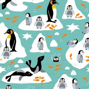 Penguin And Seal Catching Fish fabric by heleen_vd_thillart - Cotton/ Polyester/ Jersey/ Canvas/ Digital Printed