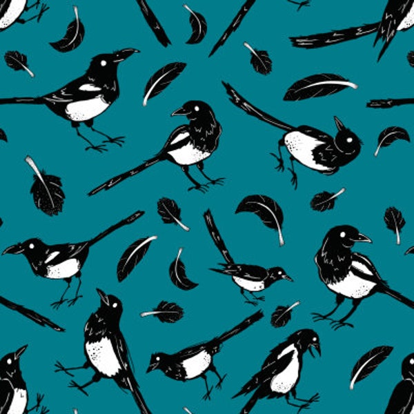 Magpie Jumble in teal fabric by Becci Bunny - Halloween/ Goth/ Witch - Cotton/ Polyester/ Jersey/ Canvas/ Digital Printed