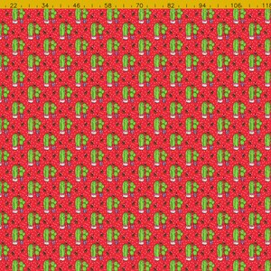 May include: Red fabric with a repeating pattern of green cactus plants in pots. The background is covered in small white dots.