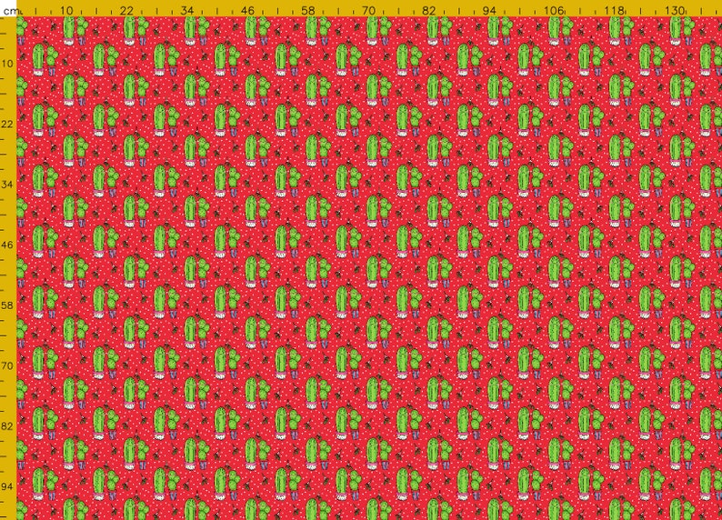 May include: Red fabric with a repeating pattern of green cactus plants in pots. The background is covered in small white dots.