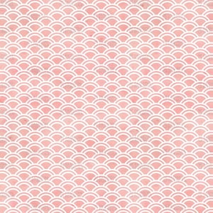Può includere: Uno schema senza cuciture di semicerchi bianchi sovrapposti su uno sfondo rosa. Lo schema assomiglia a squame di pesce.