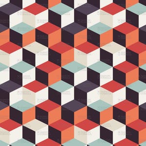 Peut inclure: Motif géométrique abstrait avec un motif répétitif de cubes dans des tons de rouge, orange, blanc, noir et bleu. Le motif est sans couture et peut être utilisé pour une variété de projets de conception.
