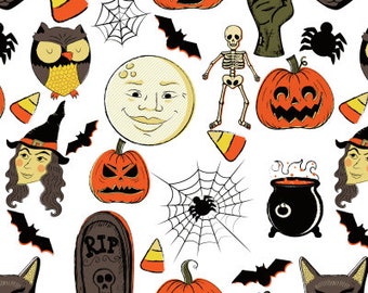 Può includere: Uno schema senza cuciture che presenta varie icone di Halloween, tra cui zucche, pipistrelli, ragni, una strega, uno scheletro, un calderone, una lapide, mais dolce e una luna piena.