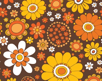 1970S Floral fabric by Rachael Taylor Studios  - Cotton/ Polyester/ Jersey/ Canvas/ Digital Printed- retro, vintage, orange