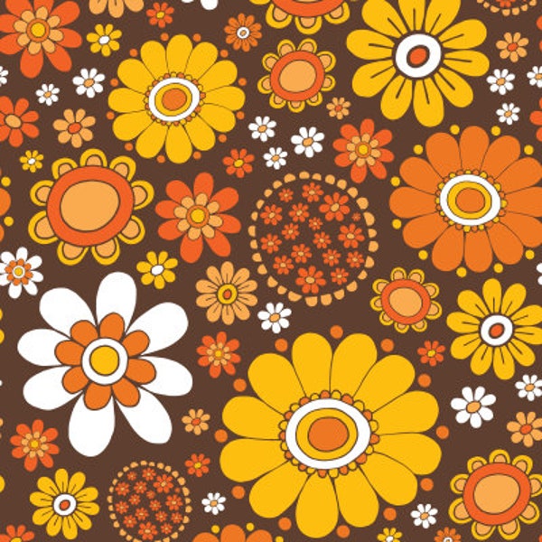 Tissu floral des années 1970 par Rachael Taylor Studios - Cotton/ Polyester/ Jersey/ Canvas/ Digital Printed- rétro, vintage, orange