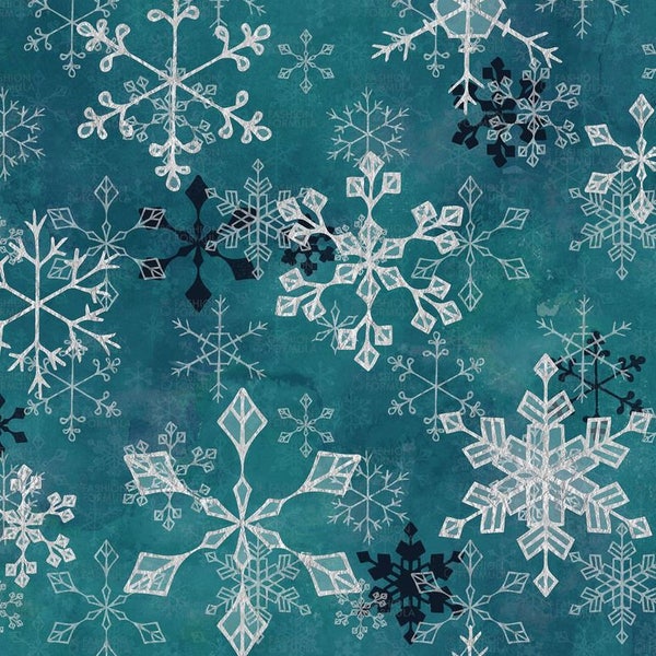 Snowflake Crystals in Turquoise fabric by AdenaJ - Cotton/ Polyester/ Jersey/ Canvas/ Digital Printed