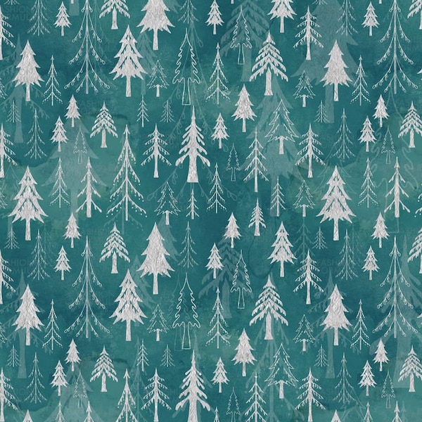 Forêt de sapin de Noël en tissu Arctic Blues par AdenaJ - Coton / Polyester / Jersey / Toile / Imprimé numérique