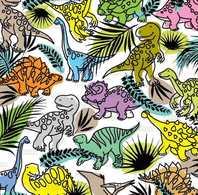 Cartoon Dinosaur pattern fabric by Faenkova - SUPER LARGE SCALE - Cotton/ Polyester/ Jersey/ Canvas/ Digital Printed image 1
