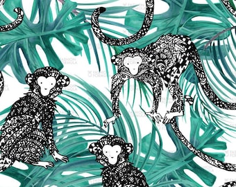 Tropical monkey fabric by Faenkova - Cotton/ Polyester/ Jersey/ Canvas/ Digital Printed