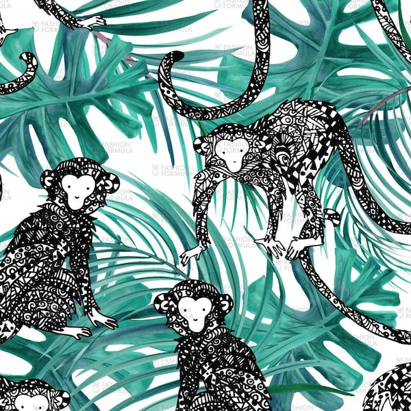 Tropical monkey fabric by Faenkova - Cotton/ Polyester/ Jersey/ Canvas/ Digital Printed