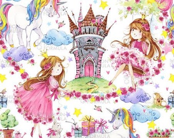 Little princess near castle fabric by Faenkova - Cotton/ Polyester/ Jersey/ Canvas/ Digital Printed