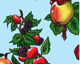 May include: A blue background with a branch of red apples, blackberries, and green leaves.