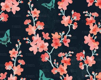 Sakura Butterflies Bold fabric by AdenaJ - Cotton/ Polyester/ Jersey/ Canvas/ Digital Printed