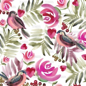 Watercolour Flower and Robin pattern fabric by Faenkova - Cotton/ Polyester/ Jersey/ Canvas/ Digital Printed