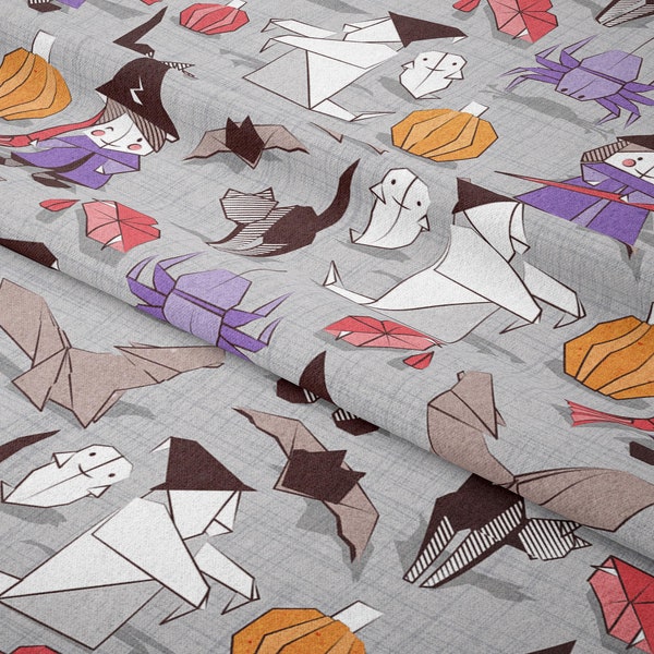 Halloween Origami Tricks - Grey fabric by SelmaCardoso - halloween - Cotton/ Polyester/ Jersey/ Canvas/ Digital Printed