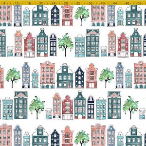 May include: A white background with a repeating pattern of colorful houses and green trees. The houses are all different shapes and sizes, and they have white trim and windows. The trees are all green and have brown trunks.