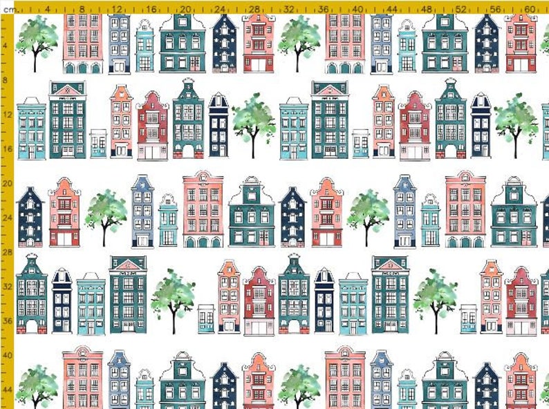 May include: A white background with a repeating pattern of colorful houses and green trees. The houses are all different shapes and sizes, and they have white trim and windows. The trees are all green and have brown trunks.