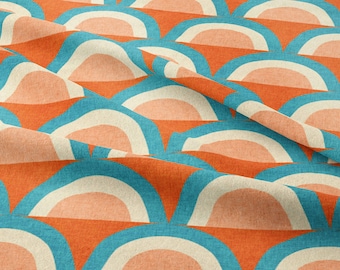 May include: A fabric with a repeating pattern of orange, peach, and teal arches. The fabric has a textured, linen-like appearance.