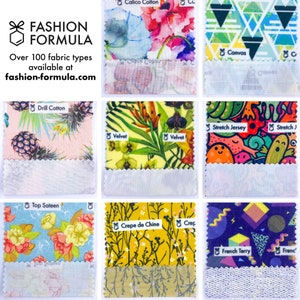 May include: Nine fabric swatches with different patterns and textures. The swatches are labeled with the fabric type, including Calico Cotton, Canvas, Drill Cotton, Velvet, Stretch Jersey, Top Sateen, Crepe de Chine, French Terry. The text "FASHION FORMULA" and "Over 100 fabric types available at fashion-formula.com" is at the top of the image.