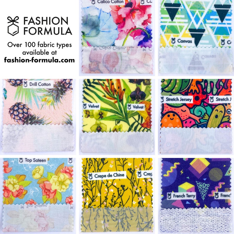 May include: Nine fabric swatches with different patterns and textures. The swatches are labeled with the fabric type, including Calico Cotton, Canvas, Drill Cotton, Velvet, Stretch Jersey, Top Sateen, Crepe de Chine, French Terry. The text "FASHION FORMULA" and "Over 100 fabric types available at fashion-formula.com" is at the top of the image.