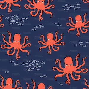 May include: Seamless pattern featuring red cartoon octopuses with white eyes and white fish on a dark blue background.