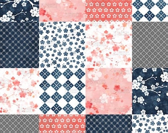 Cherry blossom cheater quilt squares fabric by AdenaJ   - Cotton/ Polyester/ Jersey/ Canvas/ Digital Printed