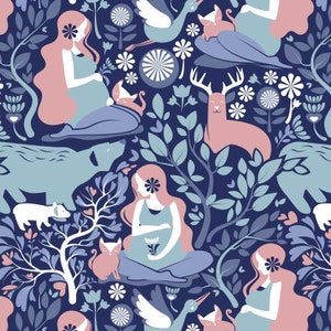 May include: A seamless pattern featuring a blue background with pink and blue illustrations of women, animals, and flowers. The pattern includes a deer, a bear, a bird, a cat, and a flower.