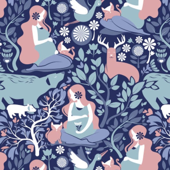 Mother Nature Scandinavian Inspiration -navy background blue and pink fabric by Selma Cardoso-Cotton/Polyester/Jersey/Canvas/Digital Printed