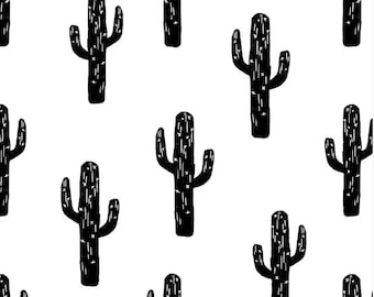 May include: A black and white repeating pattern of cactus silhouettes on a white background. The cactus plants are stylised and have a simple design.