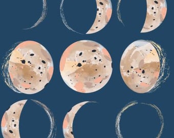 Phases of the Moon Blush Navy fabric by Pipedream - Cotton/ Polyester/ Jersey/ Canvas/ Digital Printed