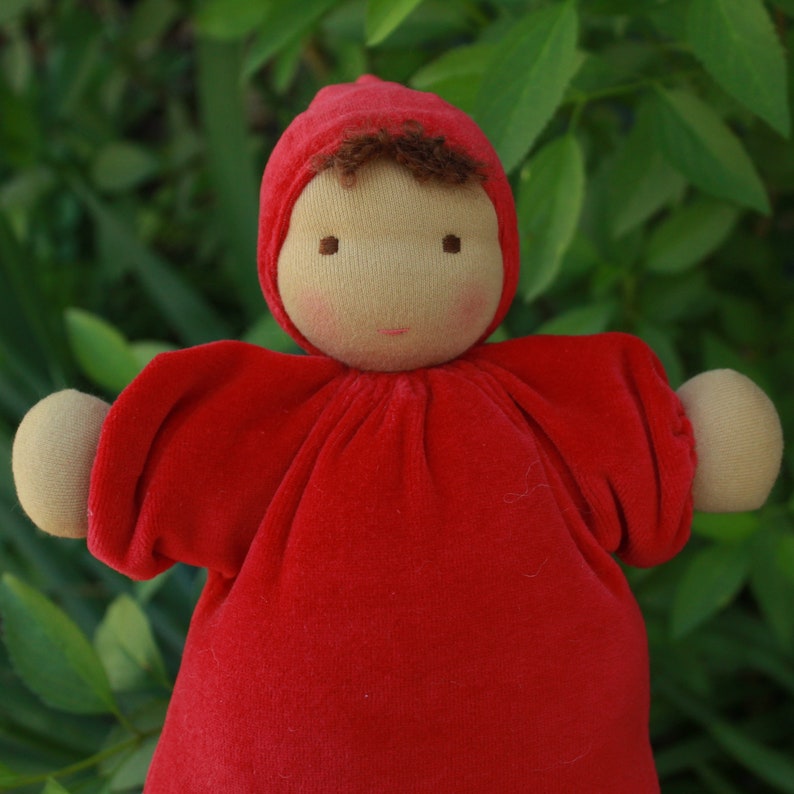 10 inch Velour Waldorf Cuddle Doll, First Doll, Soft Doll, Natural Fiber Doll, Steiner, Boy Doll Red, cocoa