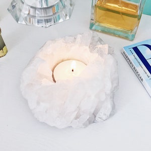 Quartz Cluster Crystal Candle Holder, White. T light holder. Geode Candle Holder. Boho Decor. Table Decor. Mindfulness Gift. Meditation.