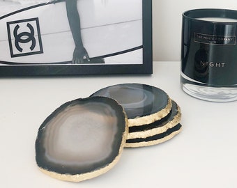 Natural Agate Coaster with Gold Leaf Edge. Handmade Dark Grey Crystal Geode Coaster Set.