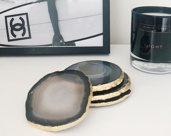 Agate Coaster in Dark Grey / Natural with Gold Edge. Agate Slice. Coaster Set. Boho Decor. Housewarming Gift.