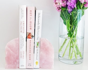 Rose Quartz Geode Bookends Pair. Natural Pink Bookshelf Decoration.