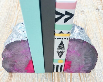 Pink and Silver Agate Bookends with Silver Leaf Edging. Boho Chic Homeware