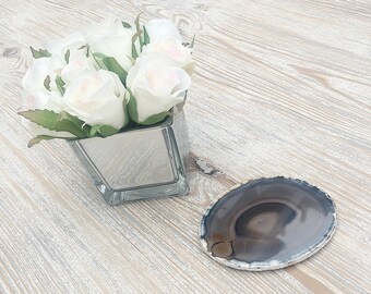 Silber-Blatt-Achat Getränke-Untersetzer in Grau / Natur. Boho Chic Wohnaccessoires. Silberne Blattborte.
